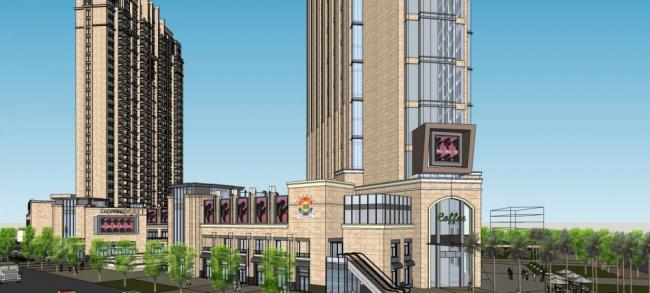 SketchUp Complex Model: Neoclassical High-Rise with Residential Apartments, Hotel Offices, and Multi-Story Commercial Podium