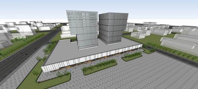 SketchUp Model of a Modern High-Rise Office Building with Hotel and Ground-Floor Commercial Spaces