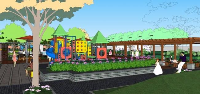 SketchUp Landscape Model: Residential Community with Water Features, Pathways, Pavilions, Fountains, and Play Areas