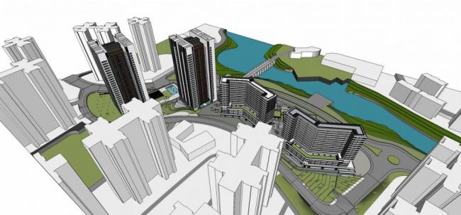 SketchUp Complex Model: Modern Commercial Podium with High-Rise Office, Hotel, and Residential Spaces