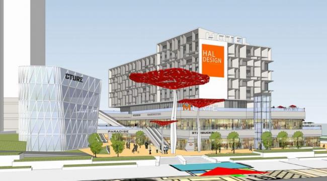 Modern Multi-Story Hotel and Mushroom Sculpture Model in SketchUp