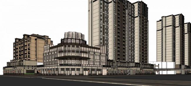 SketchUp Model: Neoclassical Mixed-Use Development with Commercial Spaces and High-Rise Residential Buildings