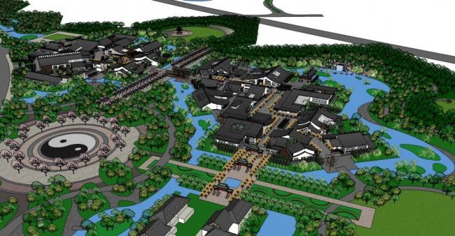 SketchUp Business Model: Multi-Story Chinese-Style Commercial Street with Landscape
