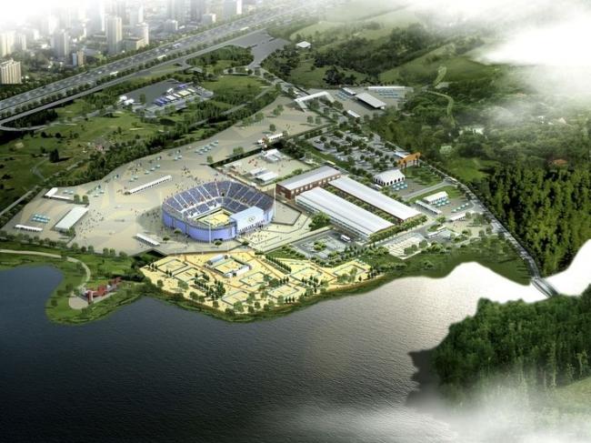 SketchUp Model of Chaoyang Park Beach Volleyball Court and Modern Multi-Story Sports Center