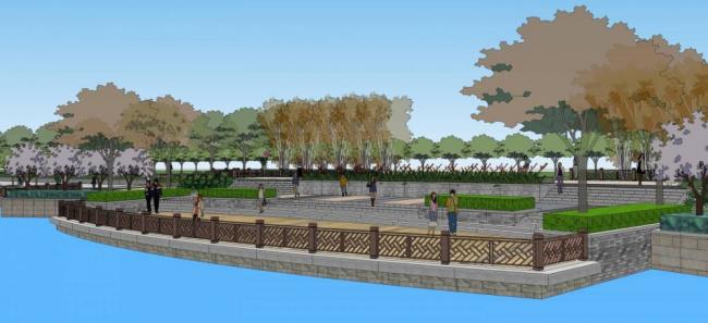 SketchUp Landscape Model: Large-Scale Riverside Park with Bridge and Chinese-Style Urban Design