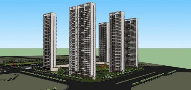 SketchUp Model of a Modern Super High-Rise Residential Building with Commercial Podium and Ground Floor Shops