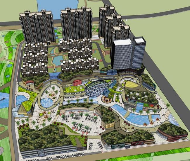 SketchUp Complex Model: Modern Large-Scale Commercial Center, High-Rise Residential Community, and Landscape Design