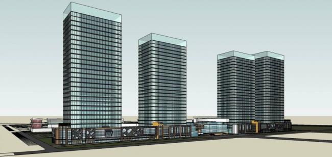 SketchUp Complex Model: Modern High-Rise Residential, Commercial Podium, and Office Design