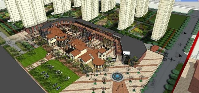 SketchUp Business Model: Multi-Story Commercial Street in Spanish, Mediterranean, and Classical Styles