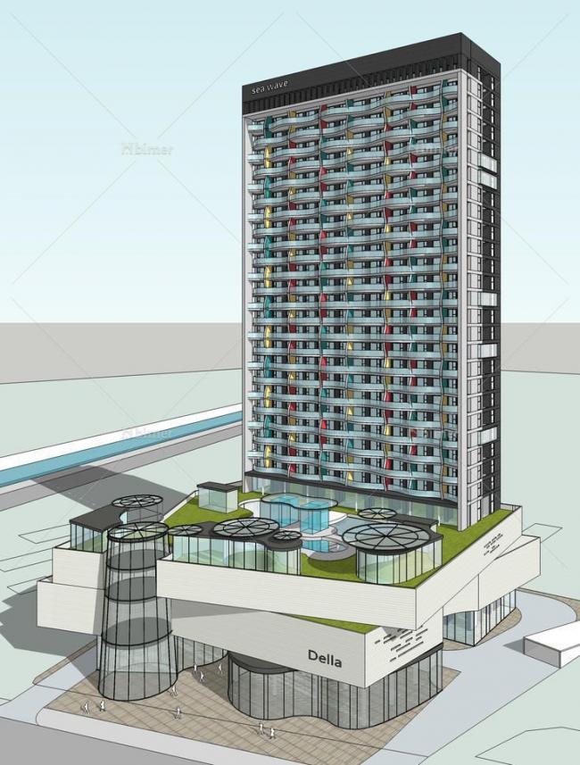 Modern High-Rise Office Building with Ground Floor Commercial Space in SketchUp