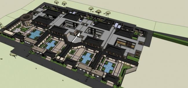 SketchUp Hotel Model: Large Vacation Club, Hotel, Townhouse with Chinese Design
