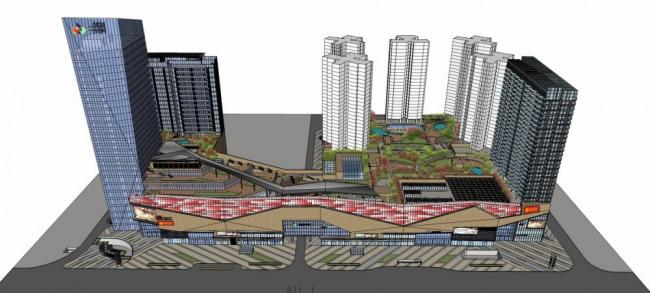 SketchUp Complex Model: Multi-Story High-Rise with Mixed-Use Commercial Podium, Hotel, and Office in Modern Style