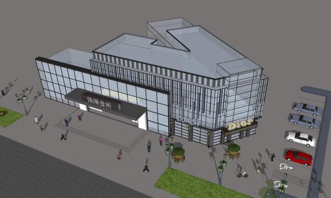 SketchUp Business Model: Multi-Story Leisure Club with Modern Facade and Corner Commercial Space