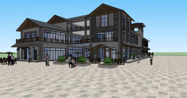 SketchUp Business Model: Multi-Story Commercial Street with Chinese Architectural Style