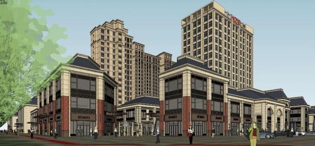 SketchUp Residential Model Featuring High-Rise Living, Hotel, Ground-Floor Retail, Sloped Roofs, Corridors, and Neoclassical Design