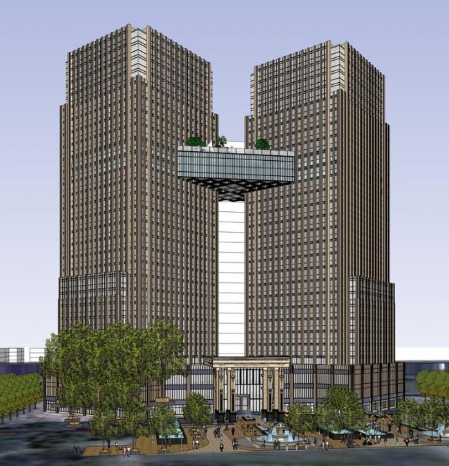 SketchUp Complex Model: Neoclassical Commercial Square with High-Rise Office and Hotel