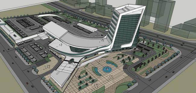 SketchUp Design for Station Road and Bridge: Modern Multi-Story Mixed-Use Complex with Hotel, Offices, and Transportation Hub