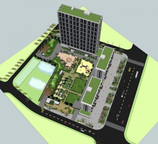 Modern Multi-Story Hybrid High-Rise Residential and Apartment Building with Landscape in SketchUp