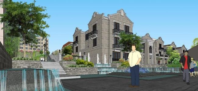 SketchUp Business Model: Multi-Story Commercial Street in Old Town Water Street with Republican and New Chinese Styles