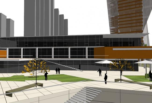 SketchUp Business Model: Modern Multi-Story Commercial Building with Sunken Plaza
