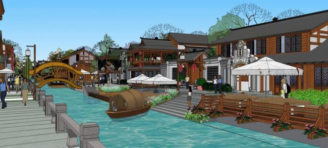 SketchUp Business Model: Multi-Story Chinese-Style Commercial Street and Street Bar Design
