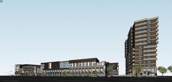 SketchUp Model of High-Rise Residential Building and Multi-Story Commercial Street in R&F Zone 10C
