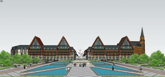 SketchUp Business Model: Nordic Multi-Story Parking and European-Style Commercial Buildings