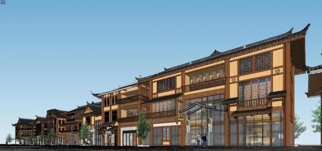 SketchUp Business Model: Multi-Story Commercial Street with Chinese Architectural Style