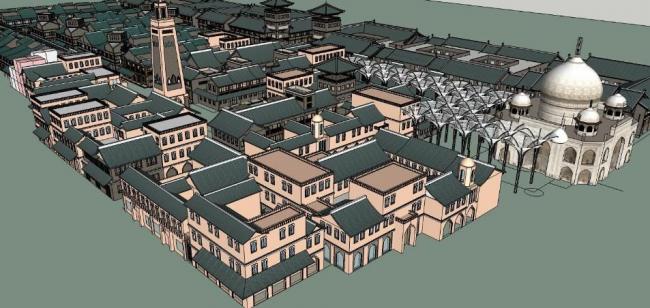 SketchUp Business Model: Xinjiang Tianshan Islamic Multi-Story Antique Commercial Street in Chinese Style