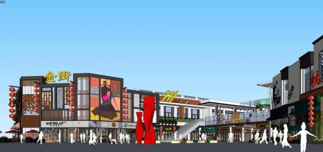 SketchUp Business Model: Multi-Story Commercial Street at Hangzhou Wanda Golden Street in New Chinese Style