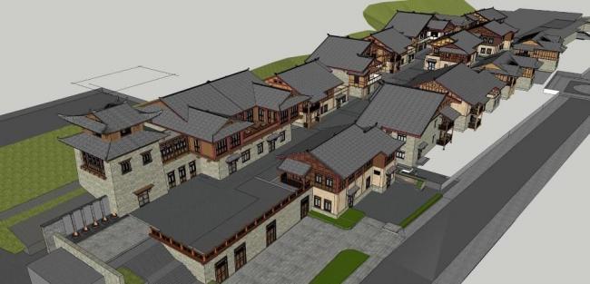 SketchUp Business Model: Multi-Story Commercial Street Featuring Tibetan Qiang and Chinese Architectural Styles