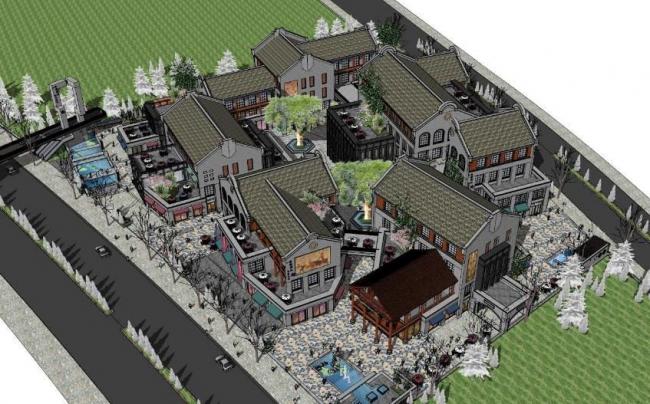 SketchUp Business Model: Multi-Story Commercial Street with Chinese Architectural Style