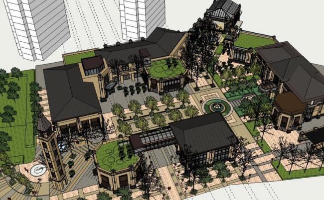 SketchUp Business Model: European Classical Multi-Story Commercial Club Design