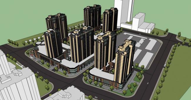 Modern High-Rise Residential Community with Commercial Podium and Ground-Level Retail in SketchUp Model