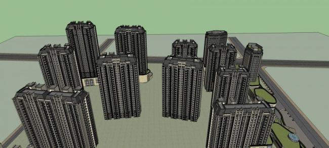 SketchUp Model of a Neoclassical High-Rise Residential Community with Ground-Floor Retail and Commercial Pedestrian Street