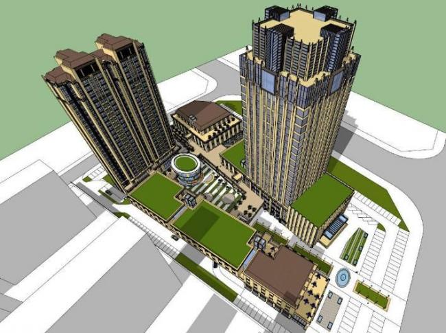 SketchUp Complex Model: High-Rise Commercial Center with Bank, Supermarket, Residential Tower in Neoclassical Style