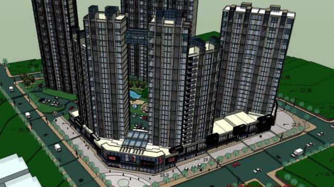 SketchUp Complex Model: Modern High-Rise Residential, Office, and Ground Floor Commercial Building