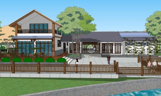 SketchUp Hotel Model: Multi-Story Commercial Building with Modern Chinese Courtyard and Landscape Design