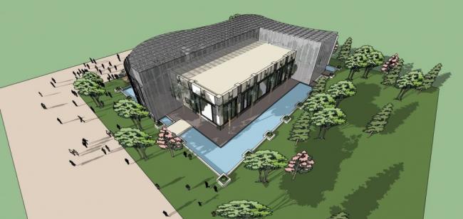SketchUp Business Model: Modern Multi-Story Curved Clubhouse and Commercial Building