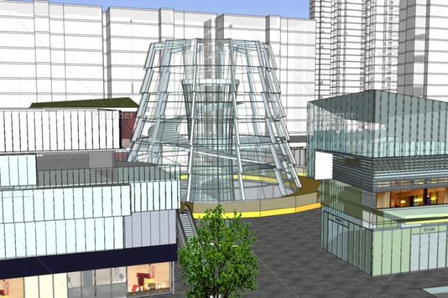SketchUp Business Model: Modern Multi-Story Shopping Center with Sunken Commercial Street
