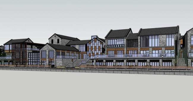 SketchUp Business Model: Multi-Story Riverside Commercial Street Featuring Ancient Chinese Architecture