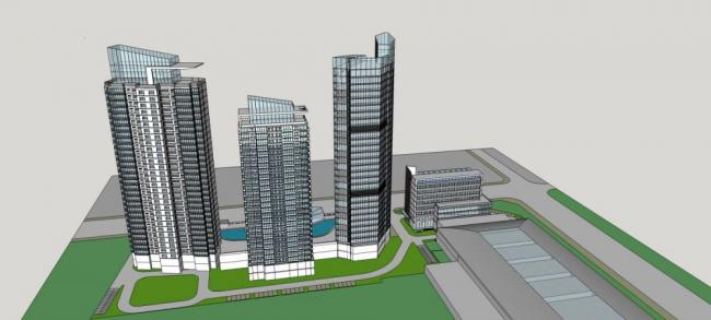SketchUp Complex Model: Modern Urban Commercial Complex with High-Rise Office Buildings