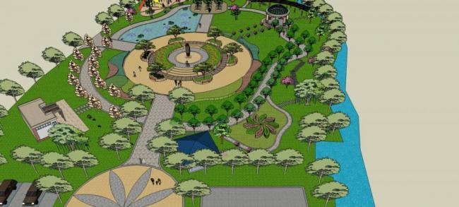 Modern Park Landscape Design in SketchUp: Trees, Pools, and Water Features
