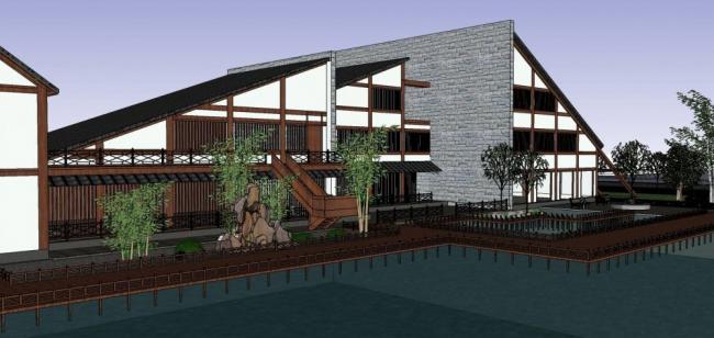 SketchUp Business Model: Multi-Story Lakeside Clubhouse and Commercial Building in Modern Chinese Style
