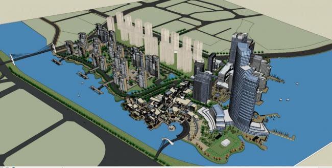 High-Rise Urban Commercial and Residential Complex with Modern Waterfront Design in SketchUp