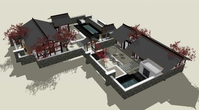 SketchUp Business Model: Chinese-Style Courtyard and Landscape Design for Business Clubs