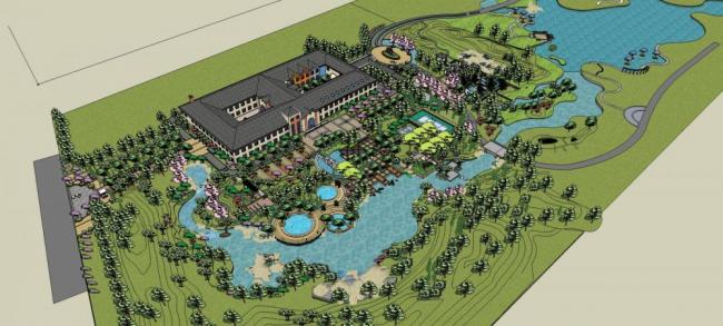 Classical Multi-Story Resort Hotel SketchUp Model with Waterfront Landscape