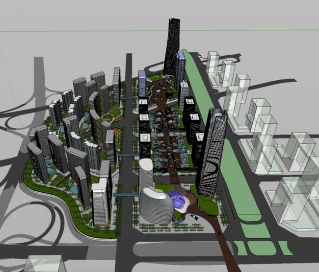 SketchUp Complex Model: Modern City Railway Station Square with Super High-Rise Office Buildings