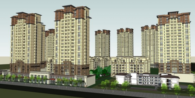 SketchUp Residential Model: High-Rise Complex Design Featuring Neoclassical and Modern Architecture