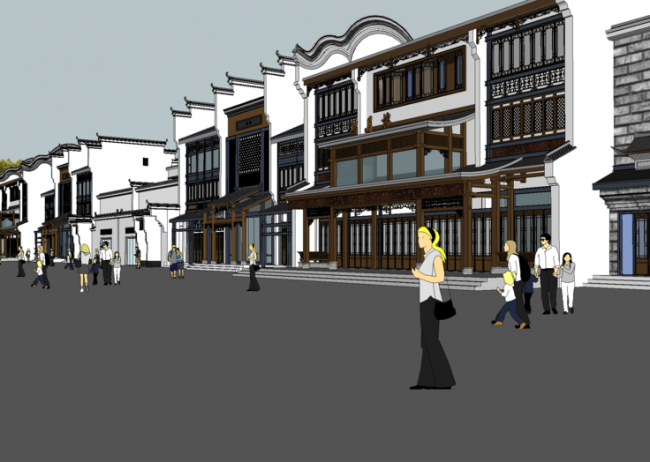 SketchUp Business Model: Multi-Story Huizhou-Style Commercial Street with Traditional Chinese Architecture